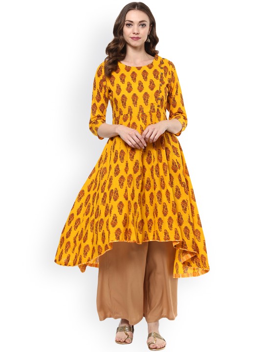 Women Yellow & Brown Printed Anarkali Kurta S