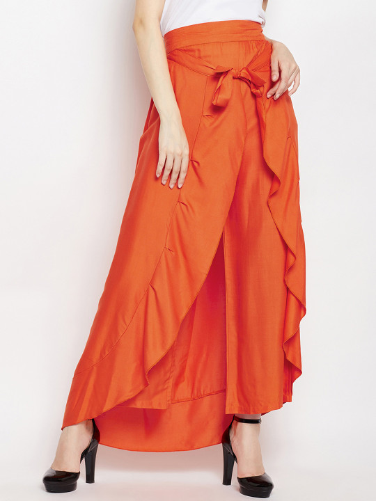 Women Orange Solid Skirt with Attached 