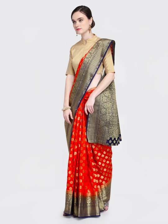 Red & Navy Blue Silk Blend Woven Design Banarasi Saree