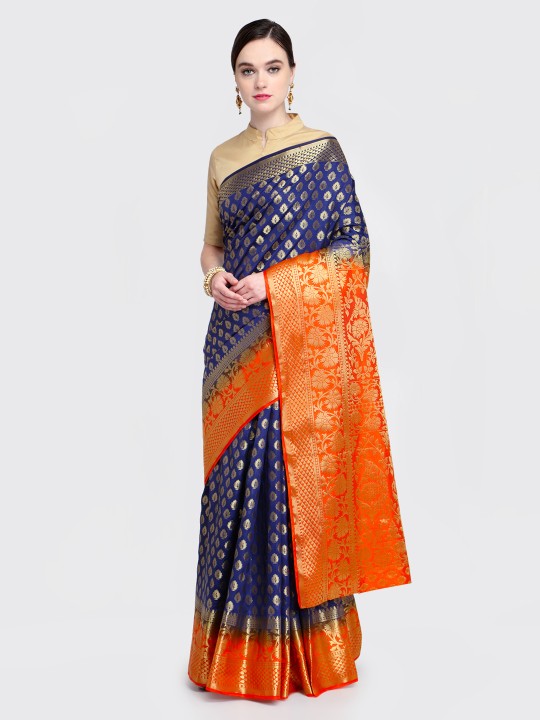 Navy Blue & Orange Silk Blend Woven Design Banarasi Saree