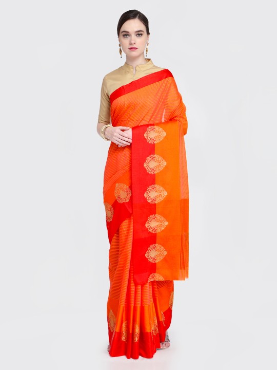 Orange Cotton Blend Striped Mangalagiri Saree