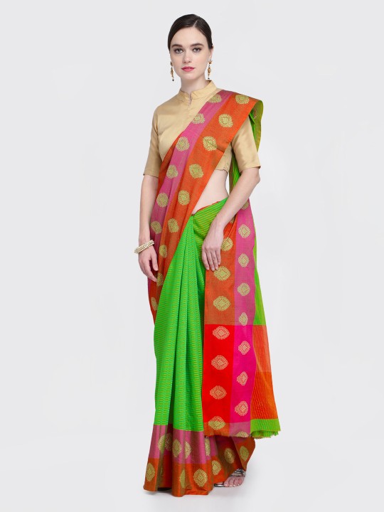Green & Pink Cotton Blend Striped Mangalagiri Saree