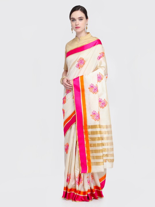 Cream-Coloured & Pink Silk Blend Embroidered Banarasi Saree