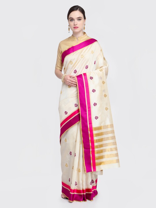 Cream-Coloured & Magenta Silk Blend Embroidered Banarasi Saree