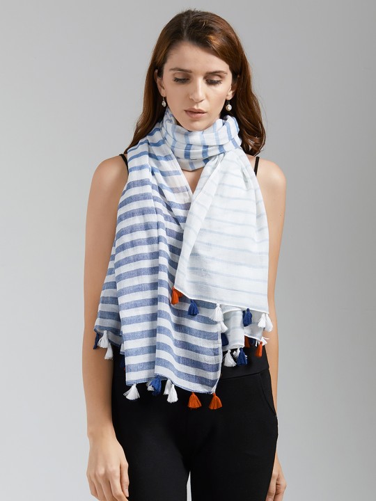 Women White & Blue Striped Stole