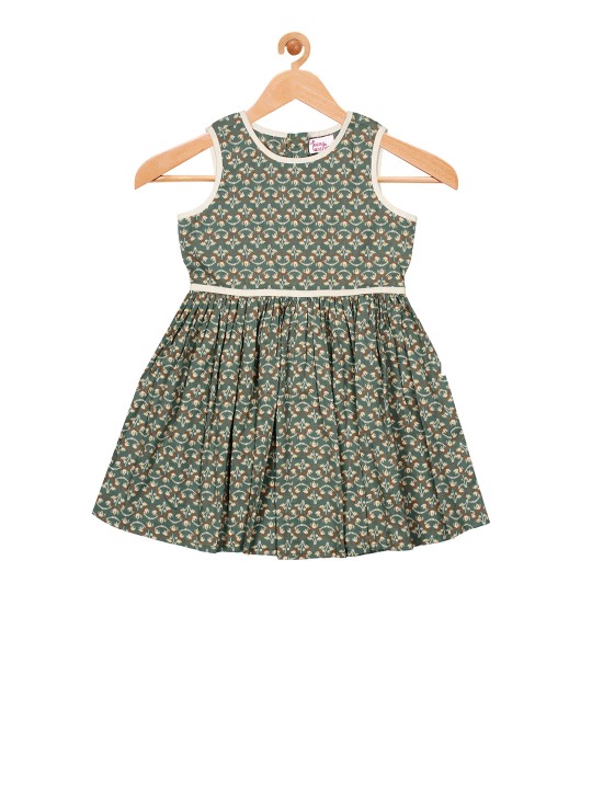 Girls Green & Brown Printed Fit and Flare Dress 2-3Y