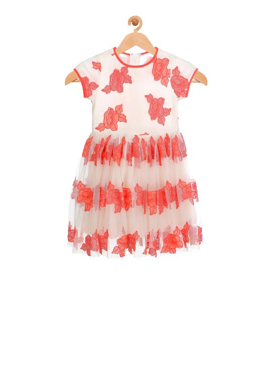 Girls Embroidered White & Red Fit and Flare Dress 2-3Y