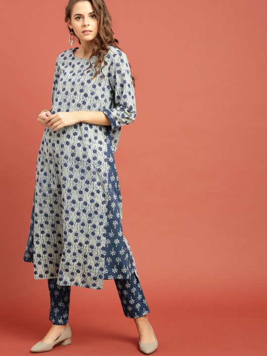 Women Blue Indigo Hand Block Print A-Line Kurta Set with Asymmetric Hem XS
