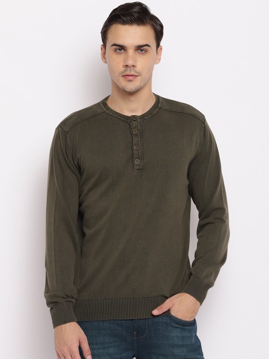 Men Olive Green Solid Pullover S