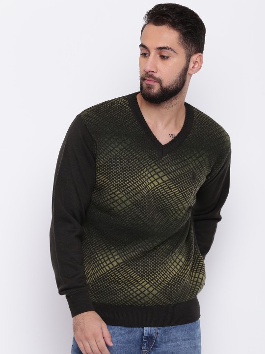Men Olive Green Self Design Pullover S