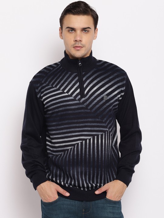 Men Navy Blue Woollen Striped Pullover S
