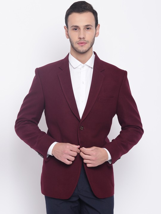 Maroon Solid Single-Breasted Regular Fit Casual Blazer 38