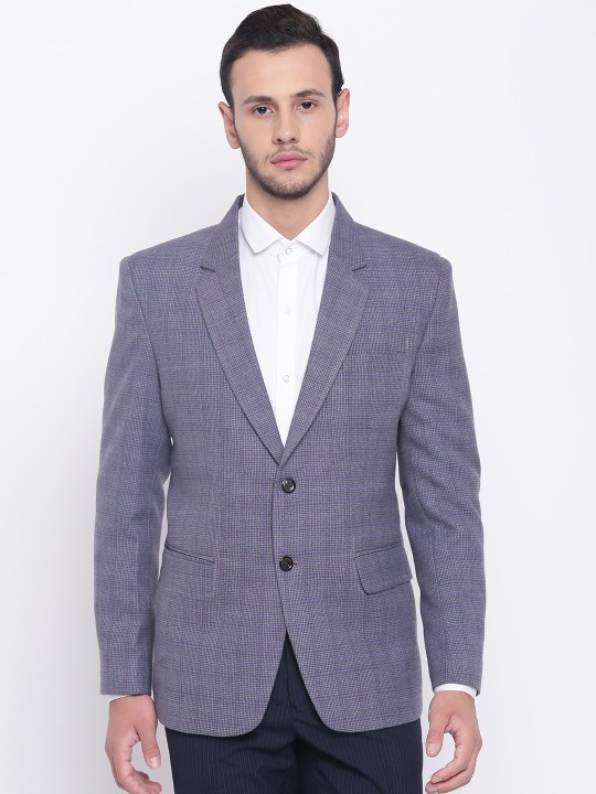 Grey & Purple Self Checked Single-Breasted Regular Fit Formal Blazer 38