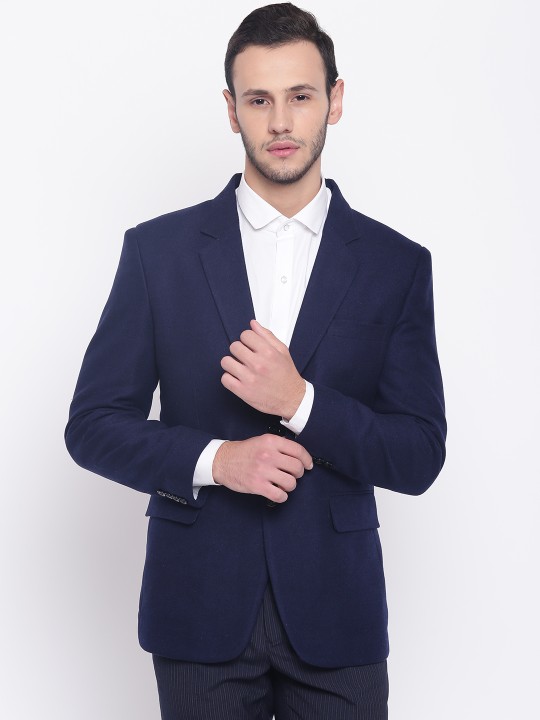 Navy Blue Solid Single-Breasted Regular Fit Formal Blazer 38