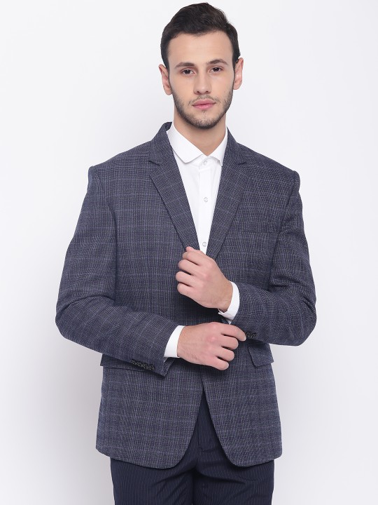 Navy Checked Single-Breasted Regular Fit Formal Blazer 40