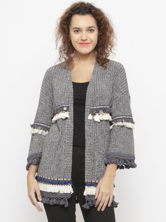 Grey & White Self Design Open Front Shrug S