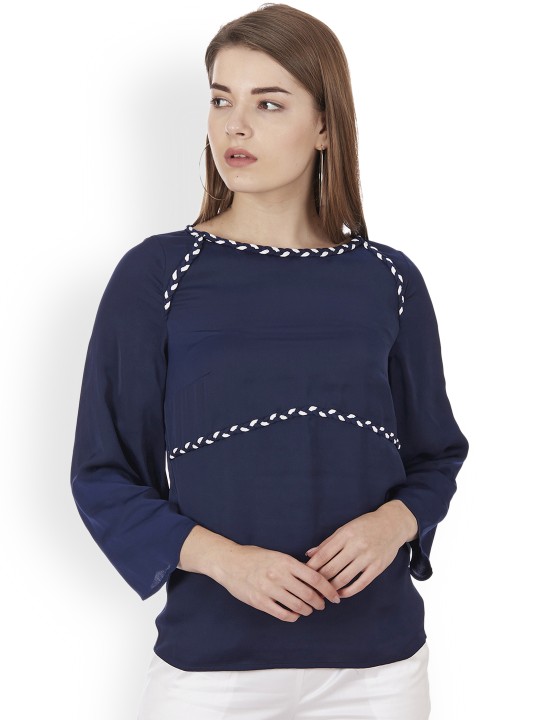 Women Navy Blue Solid Boat Neck Top with Braid Detail XS