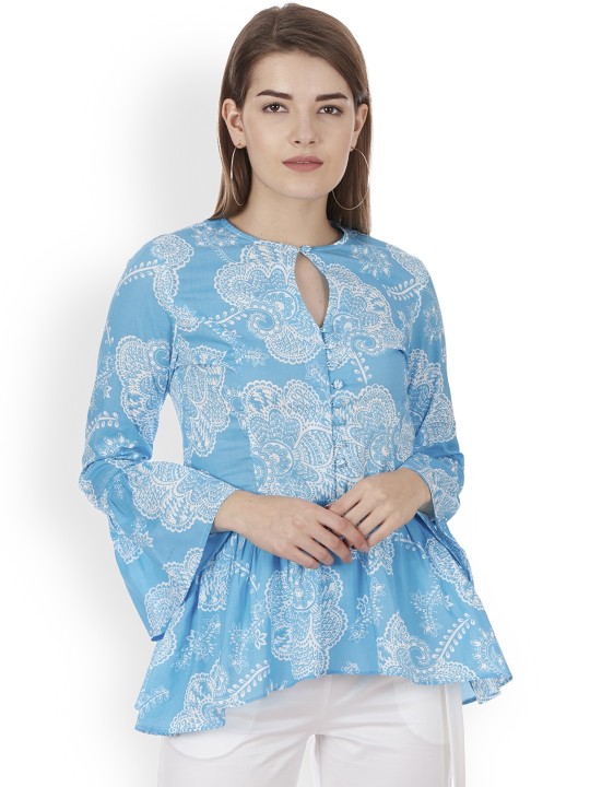 Women Turquoise Blue & White Printed Peplum Top with Bell Sleeves XS