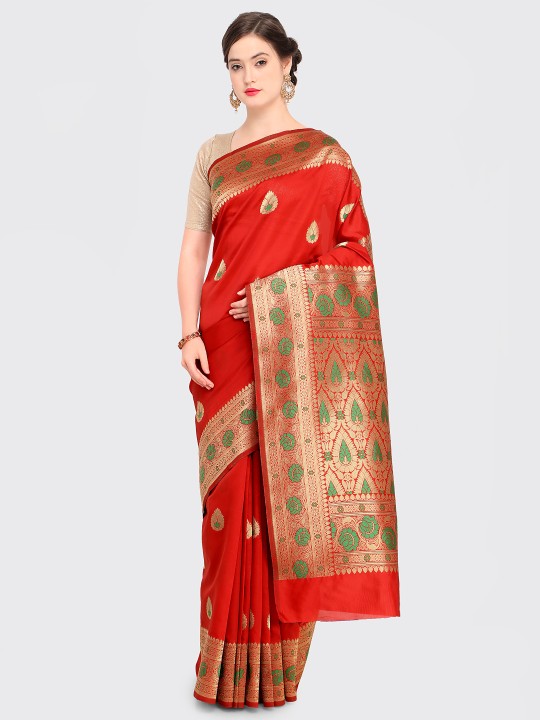 Red & Green Silk Blend Woven Design Banarasi Saree
