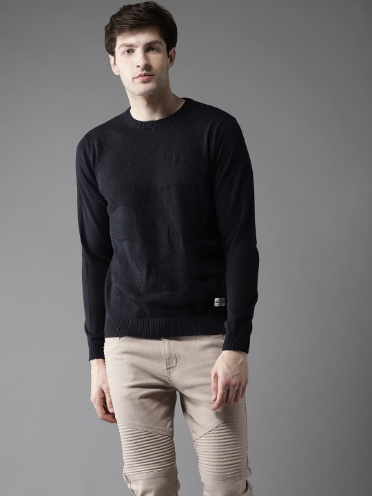 Men Navy Blue Self Design Pullover S
