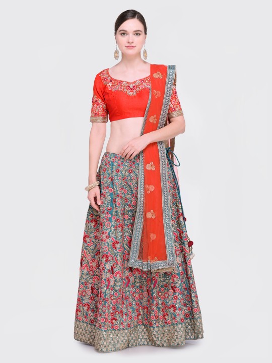 Grey & Orange Embroidered Semi-Stitched Lehenga & Unstitched Blouse with Dupatta