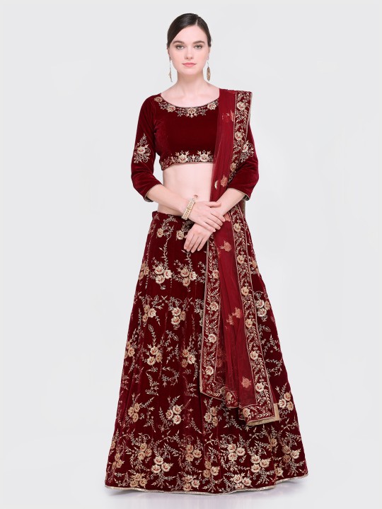 Maroon Semi-Stitched Lehenga & Blouse with Dupatta