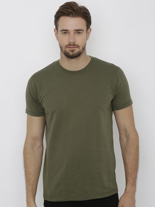 Men Olive Green Solid Round Neck T-shirt S
