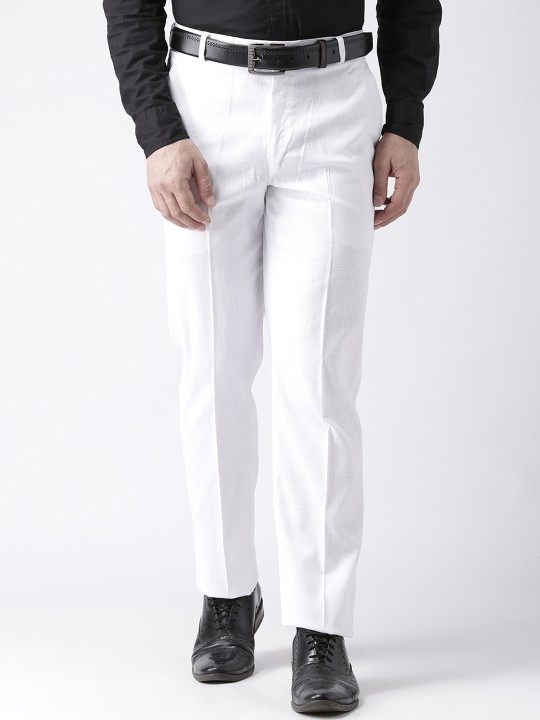 Men White Regular Fit Solid Formal Trousers 28