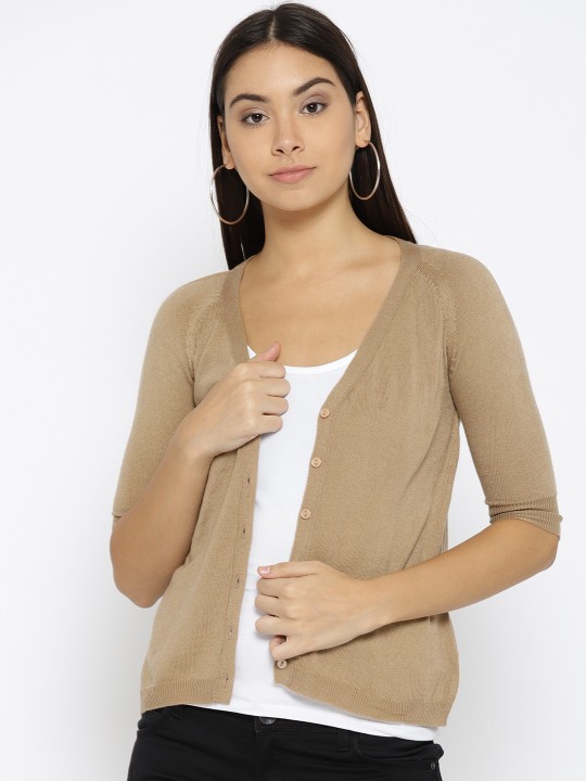 Women Beige Solid Cardigan S