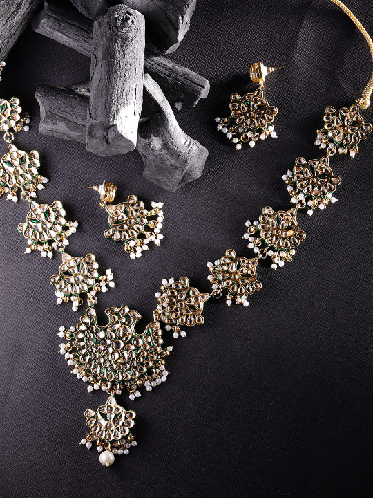 Green Off-White Gold-Plated Kundan-Studded Beaded Padmavati Jewellery  Set
