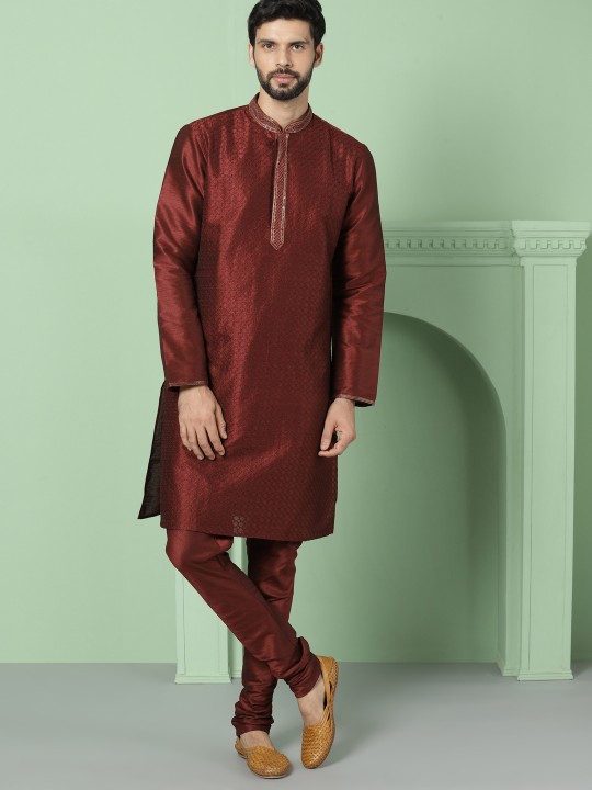 Men Maroon Self Design Kurta with Churidar S