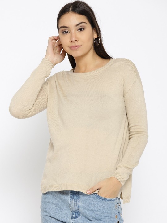 Women Beige Solid Pullover S