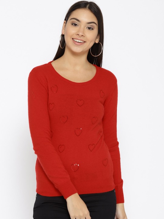 Women Red Embellished Pullover S
