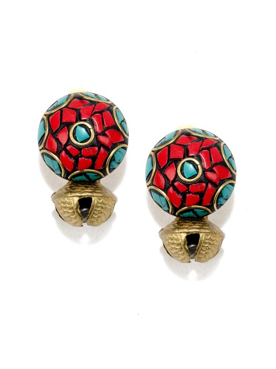 Gold-Toned & Red Circular Studs