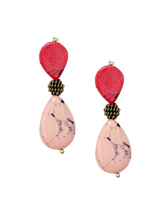 Peach-Coloured & Pink Gold-Plated Teardrop Shaped Drop Earrings