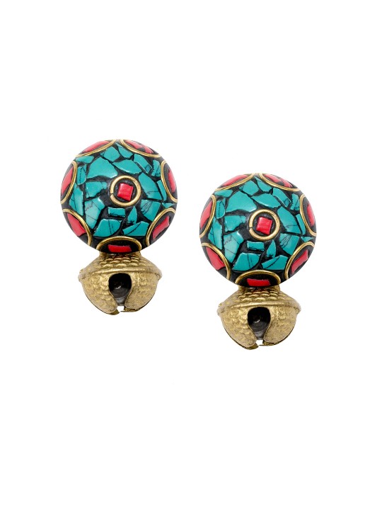 Turquoise Blue & Red Gold-Plated Handcrafted Circular Studs