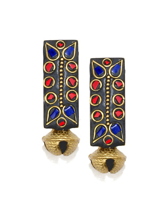 Gold-Toned & Red Geometric Drop Earrings