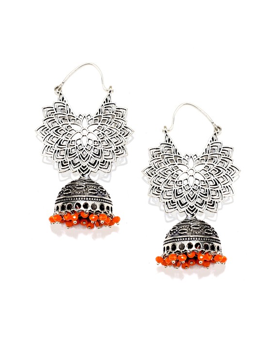 Silver-Toned & Orange Silver-Plated Handcrafted Dome Shaped Jhumkas