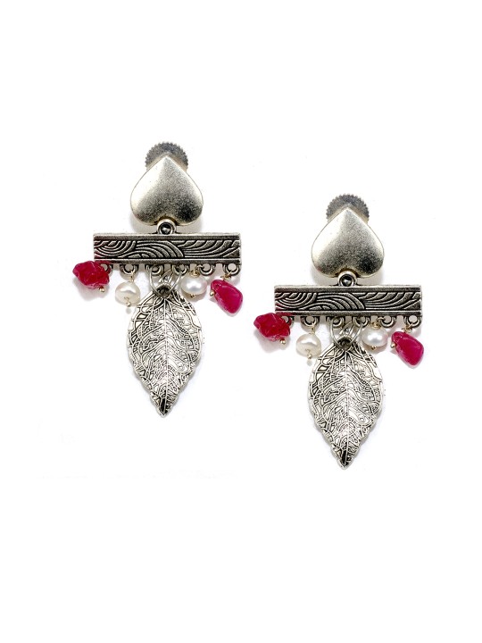 Leaf Shaped Handcrafted Silver-Plated Drop Earrings