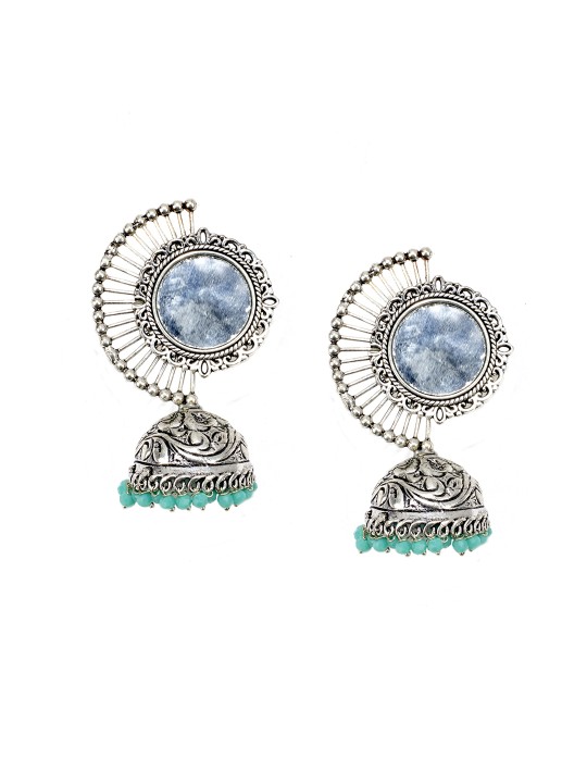Silver-Plated & Turquoise Dome Shaped Jhumkas