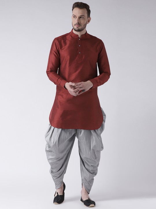 Men Maroon & Silver-Toned Solid Kurta with Patiala S