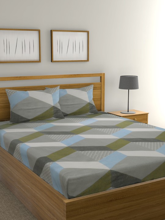 Grey & White Geometric Flat 104 TC Cotton 1 King Bedsheet with 2 Pillow Covers