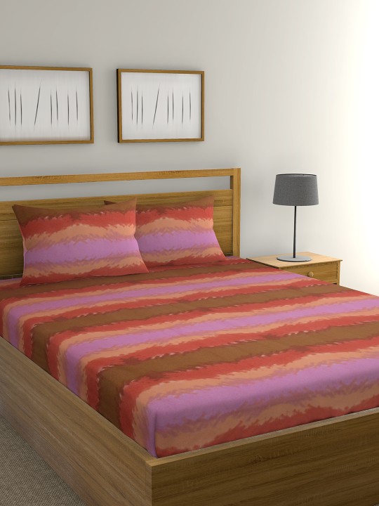 Brown & Lavender Abstract Flat 104 TC Cotton 1 King Bedsheet with 2 Pillow Covers