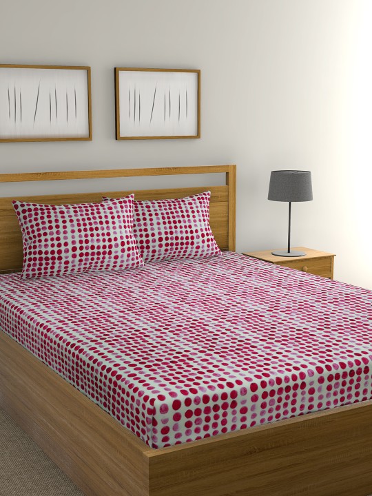 Pink & White Geometric Flat 104 TC Cotton 1 King Bedsheet with 2 Pillow Covers