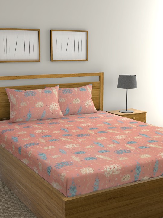Blue & Peach-Coloured Floral Flat 104 TC Cotton 1 King Bedsheet with 2 Pillow Covers