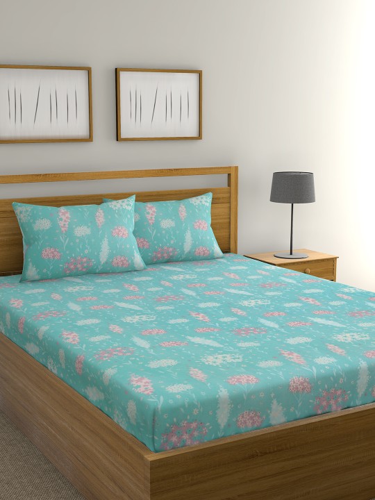 Sea Green Floral Flat 104 TC Cotton 1 King Bedsheet with 2 Pillow Covers