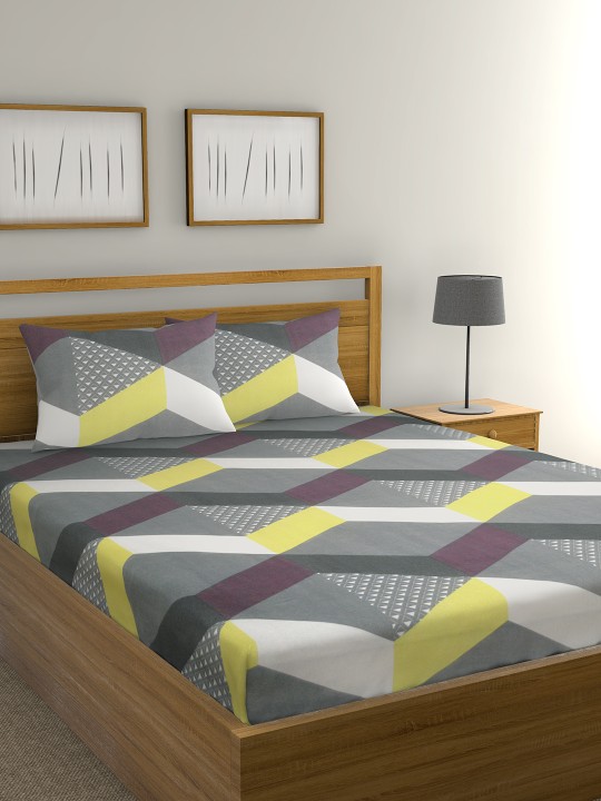 Multicoloured Geometric Flat 104 TC Cotton 1 King Bedsheet with 2 Pillow Covers