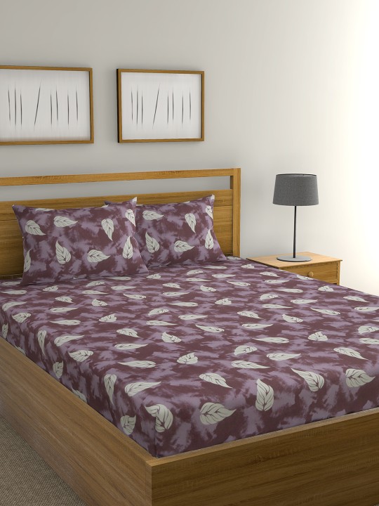 Mauve & White Abstract Flat 104 TC Cotton 1 King Bedsheet with 2 Pillow Covers