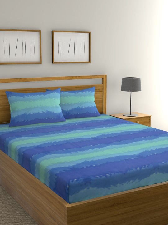 Blue & Sea Green Abstract Flat 104 TC Cotton 1 King Bedsheet with 2 Pillow Covers