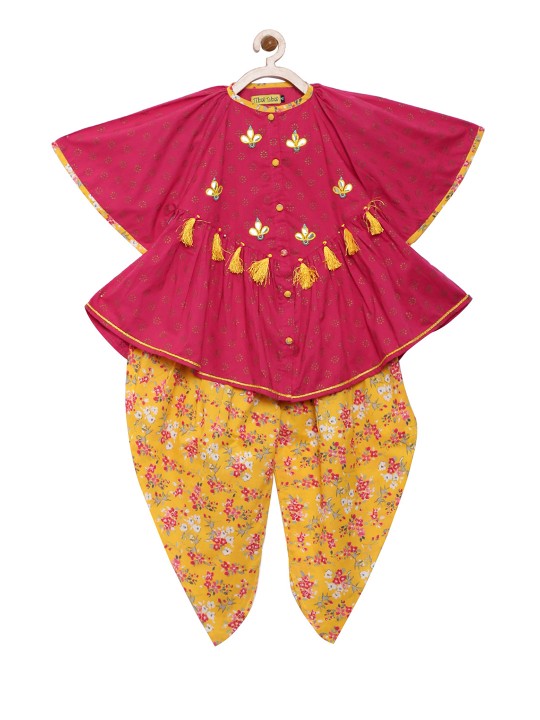 Girls Pink & Orange Embroidered Kurta with Dhoti Pants 1-2Y